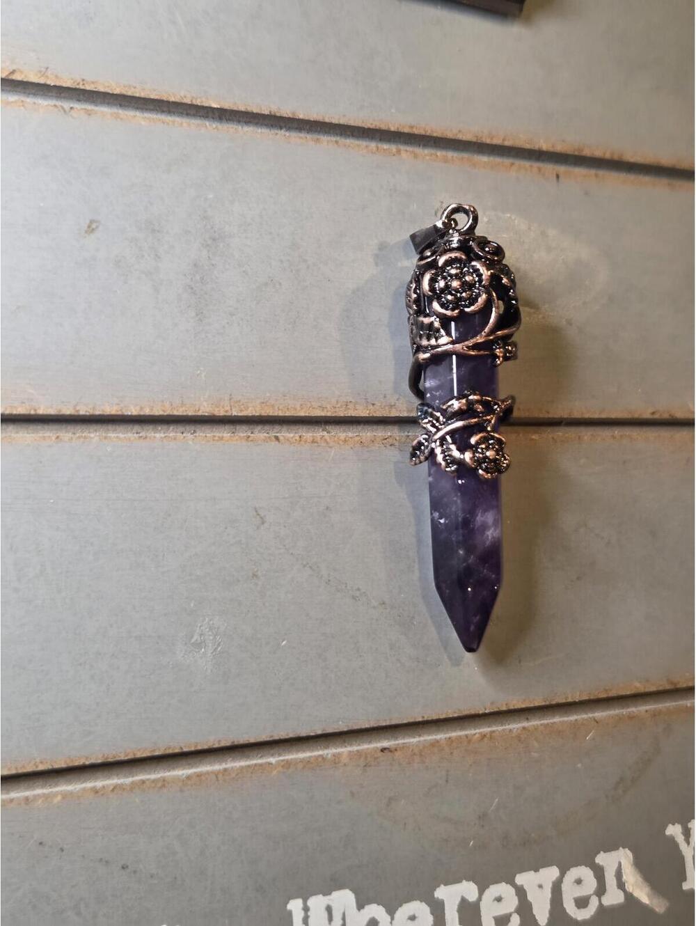 Amethyst Crystal Point Pendant with Ornate Silver-Tone Wrap